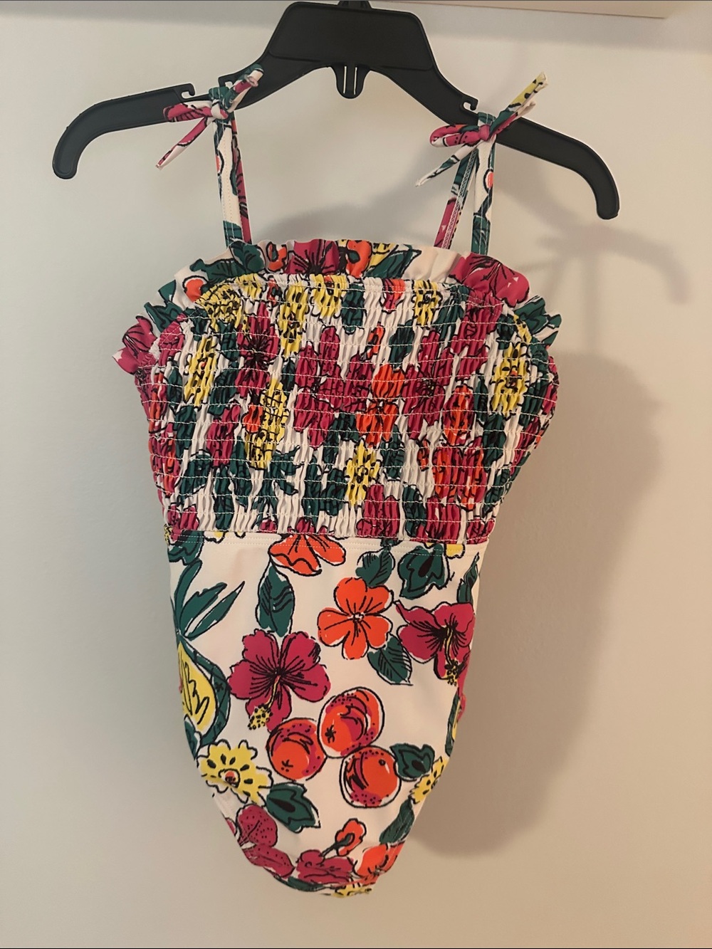 Kids Floral Smocked One-Piece Swimsuit - White with Multicolor Flowers